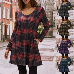 Women Dresses 2024 New Fall Winter Long Sleeve Plaid Dress Fashion Street Hipster Casual V-Neck Ladies Pockets Loose Mini Dress