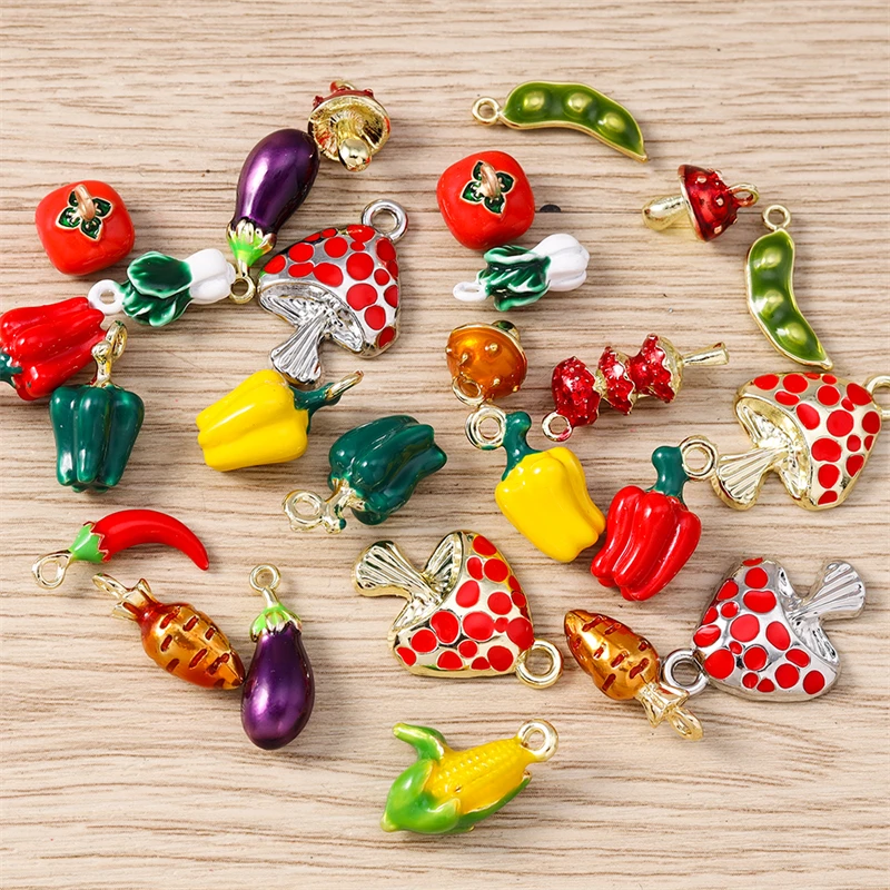 5pcs Mix Food Charms Enamel Vegetable Pepper Mushroom Charms Pendants for Jewelry Making DIY Necklaces Earrings Bracelets Gifts