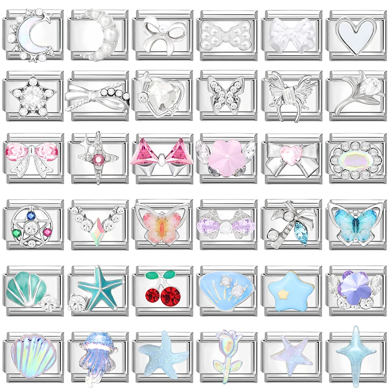 Y2K Zircon Star Heart Bow Cherry Moon Italian Charm Links Fit 9mm Stainless Steel Bracelet Women Jewelry DIY Making Dropshipping