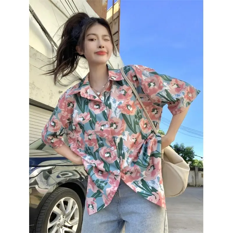 New Hawaiian Lovely Pink Flower Shirts Men Women Y2K Rose Oil Painting Casual Blouse Summer Beach Loose Button Up Cardigan Coats