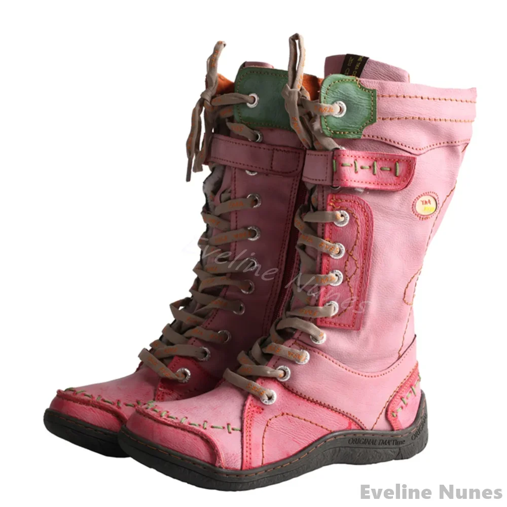 Mountaineering Skiing Casual Shoes Women Mixed Colors Cross Tied Snow Boots 2025 Autumn Winter Washed PU Leather Boots Ski Boots