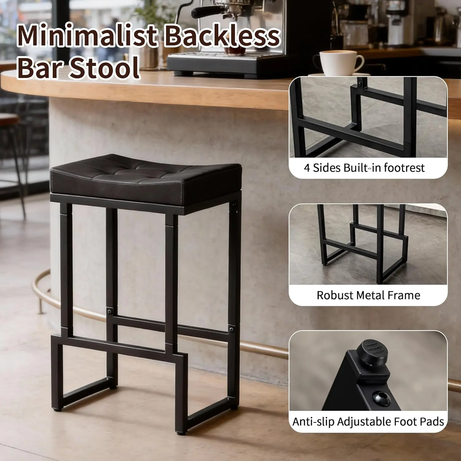 Cadeiras de Bar para Ilha de Cozinha, Couro Sintético e Metal, Preto, Conjunto de 3 Peças com 28 Assentos