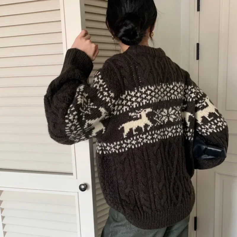 Komiyama Lovely Elk Sweater Women Hit Color Christmas Jacquard Knit Y2k Tops Long Sleeve Pullovers Spring Winter New Clothes