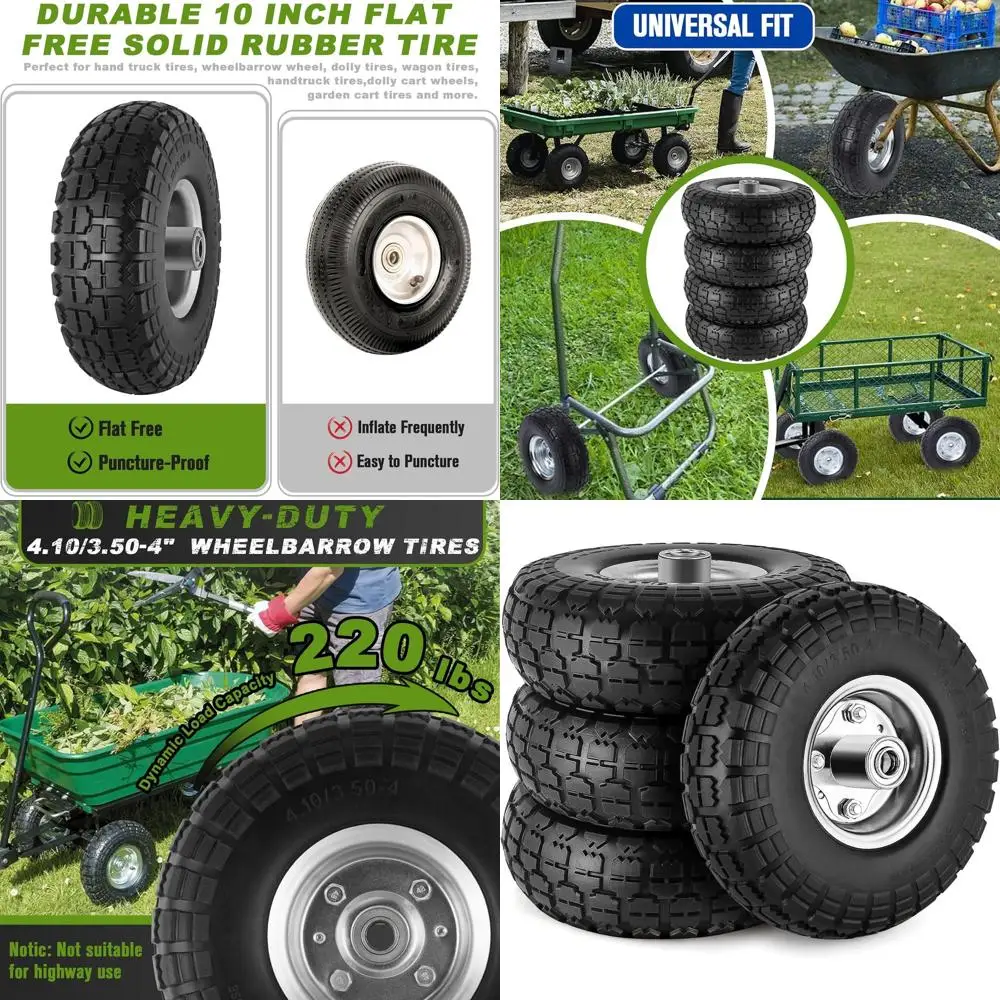 

4-Pack 4.10/3.50-4 Solid Rubber Tires with 10 Diameter and 5/8 Axle Bore for Carts and Wheelbarrows