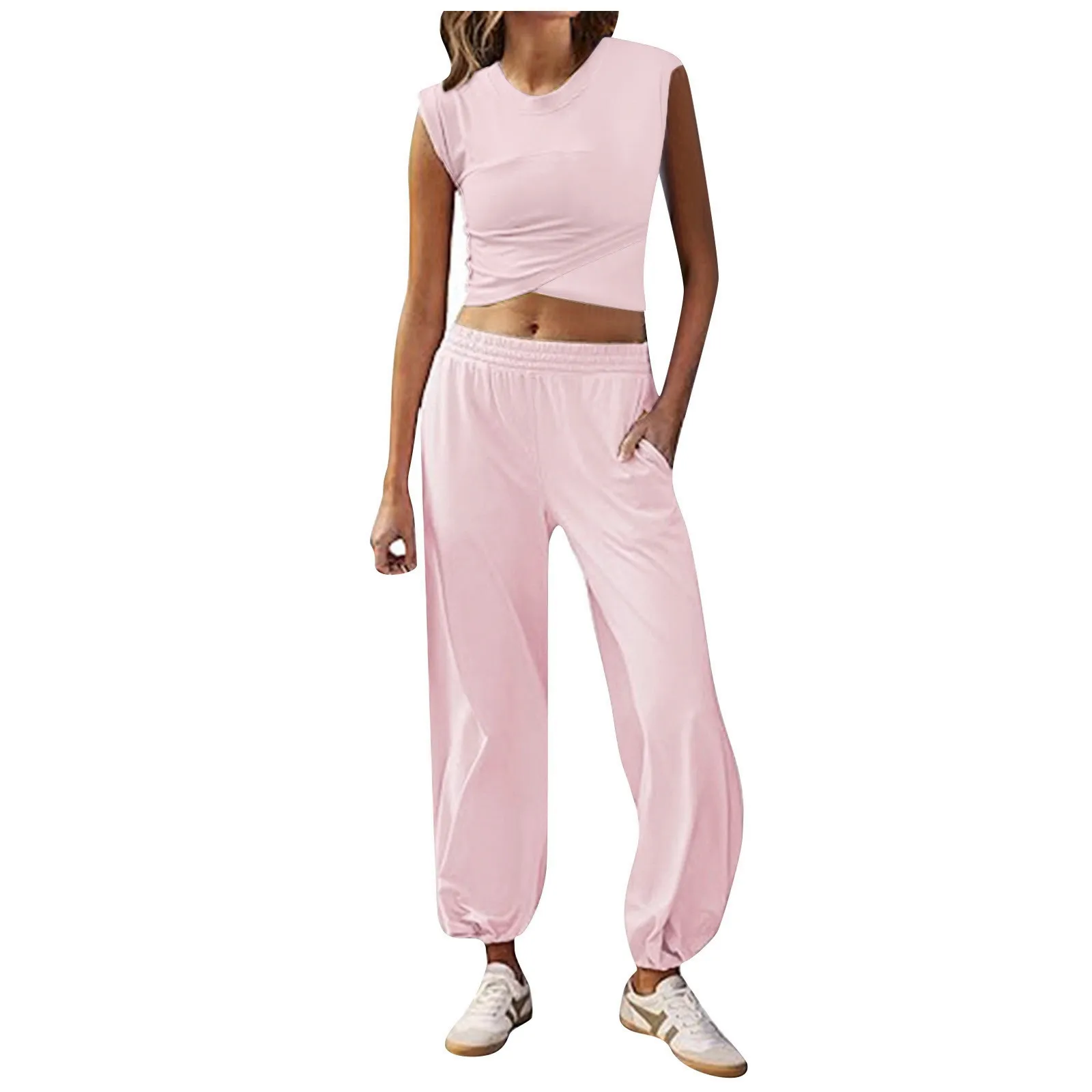 

Women Tracksuit Outfits Solid Color Sleeveless Cropped Tops+Harem Pant 2 Piece Set Elastic Waist Sweatpants Casual Pants Sets