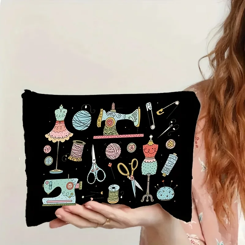 A Stylish Black Makeup Organizer Designed For Sewing Lovers: A Lightweight And Portable Cosmetic Bag Featuring An Applique Zipp