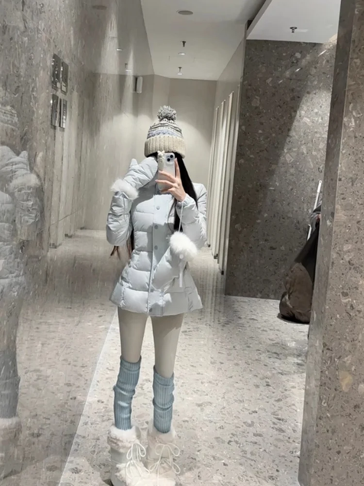 

Winter New Sle Korean High-End White Du down ort Coat Blue Ribbed Waist-Cinching Faux Fur Collar Slimming Jaet