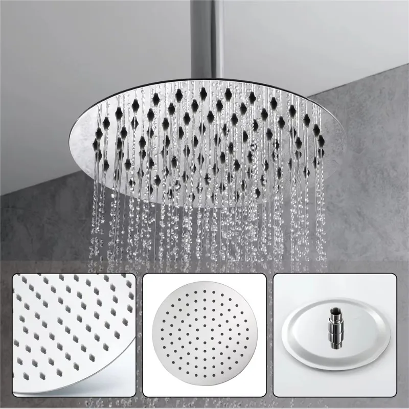 Modern rain shower 8-inch shower head with ceiling shower arm, thermostatic button control, brass bathroom faucet set