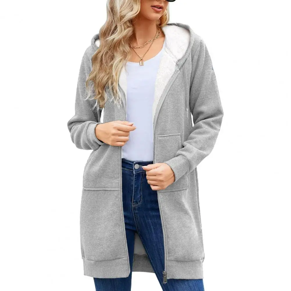 Quick-drying Long Hoodie Solid Color Hoodie Plush-lined Winter Hoodie Coat with Drawstring Closure for Women Mid for Commuting