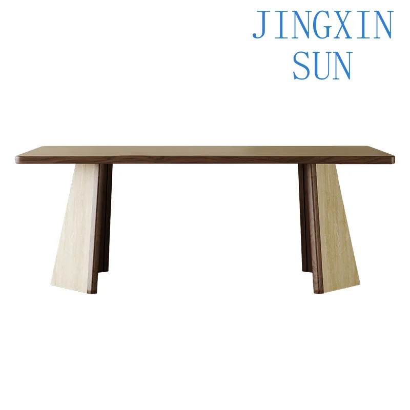 Medieval solid wood dining table Large apartment master creative French retro rectangular solid wood travertine rock slab dining