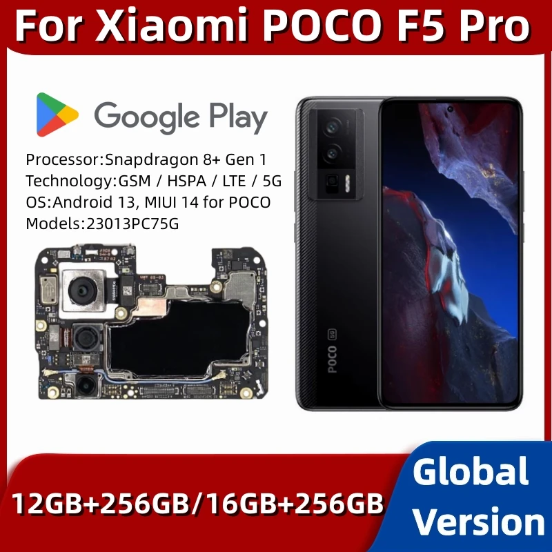 Mainboard for POCO F5 Pro, Unlocked Motherboard, 256GB, Global Rom, Original Logic Board