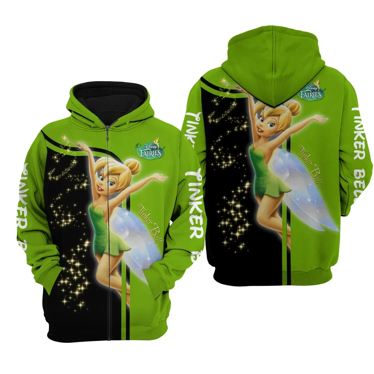 2024 Disney Green Fairy Tale Tinker Bell 3D Hoodie Men Women's Fashion Zipper Hoodie Tinker Bell Fairy 3D Hoodie Kids Tops