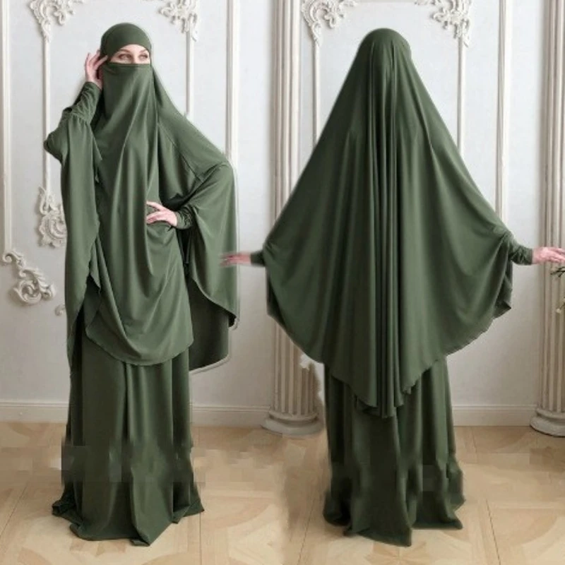 2PCS Middle East Prayer Clothes Traditional Abaya Muslim Islamic Maxi Hijab Khimar Burqa Dress Overhead Robe Worship Service Set