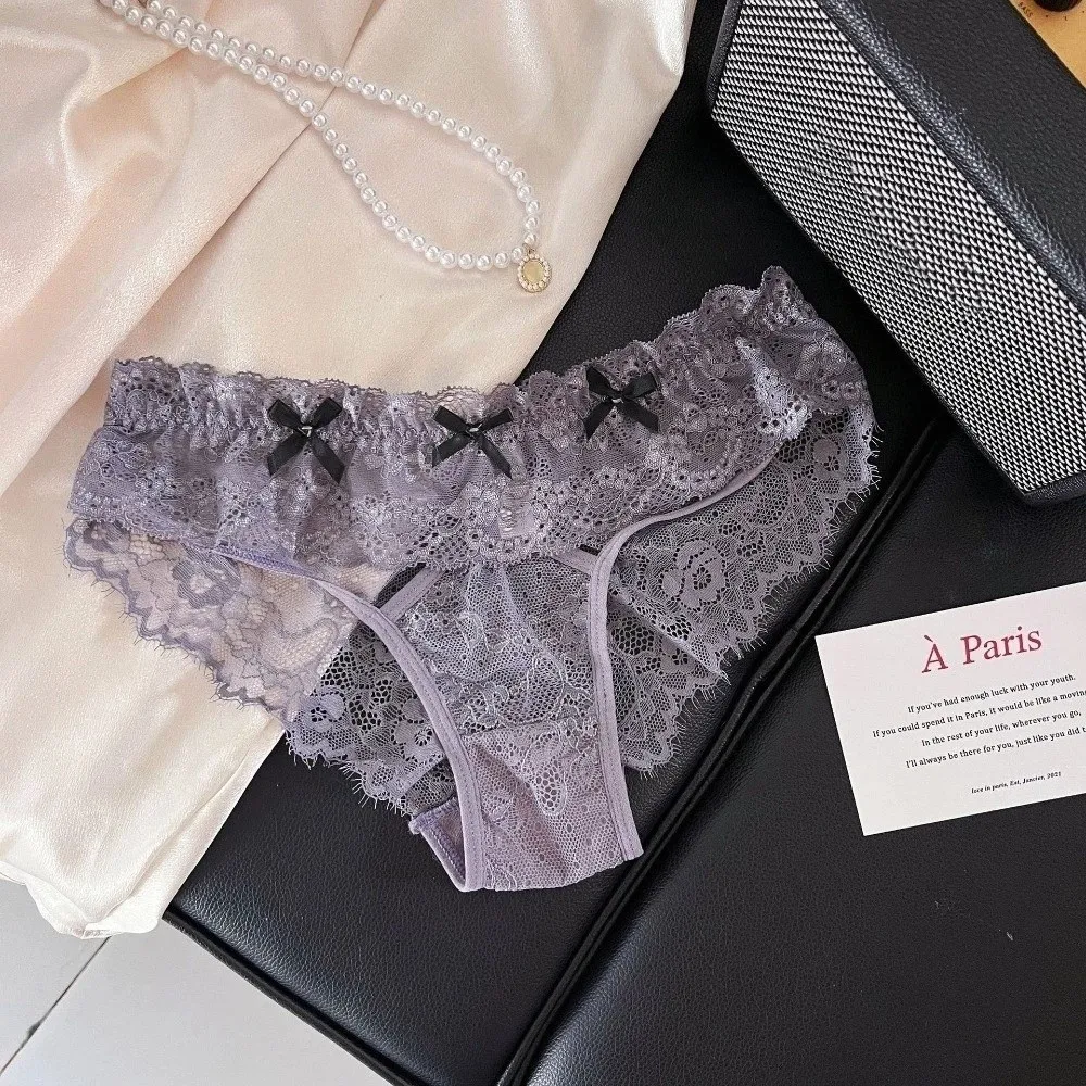 

Breathable Japanese Style Bowknot Lace Panties Flowers Transparent Thong for Women Low Waist Briefs Mini Bow Underpants Female