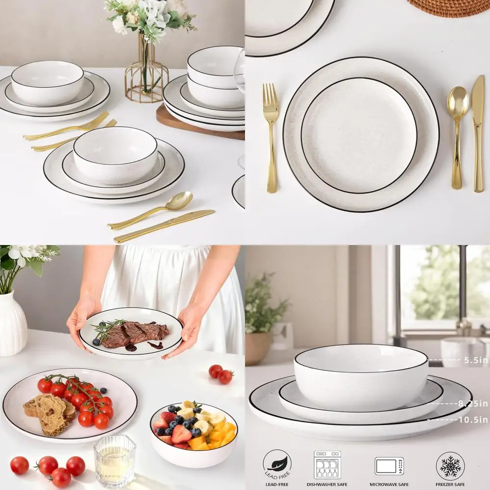 

4-Piece Ceramic Dinnerware Set, White with Black Rim, Modern Design, Safe for Microwave and Dishwasher