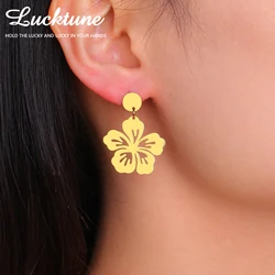 Lucktune Hibiscus Flower Pendant Stud Earrings Stainless Steel Filigree Flower Dangle Earrings for Women Fashion Jewelry Gift