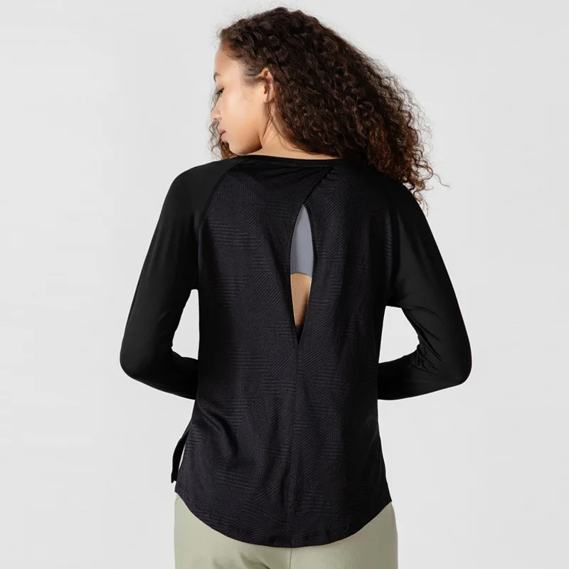

Hollow Out Suit, Quick Drying Fitness Top, Women's T-shirt, Loose Fitting Sports, Long Sleeved Screen Printed Cover Up
