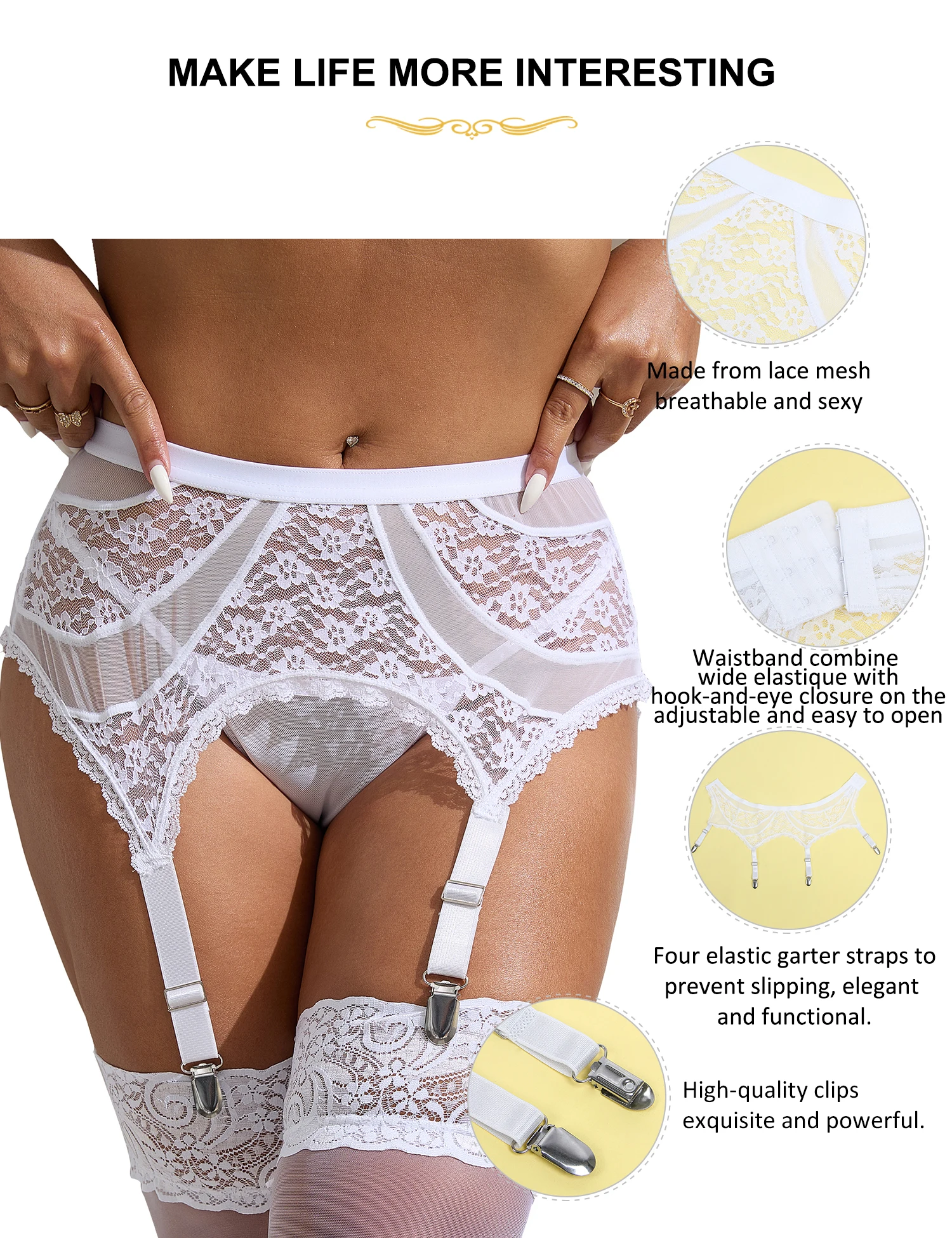 Comeondear Garter Belts for Stockings Sexy Lace Mesh Floral High Waist Lingerie Sets Transparent 5XL Plus Size Bridal Suspenders