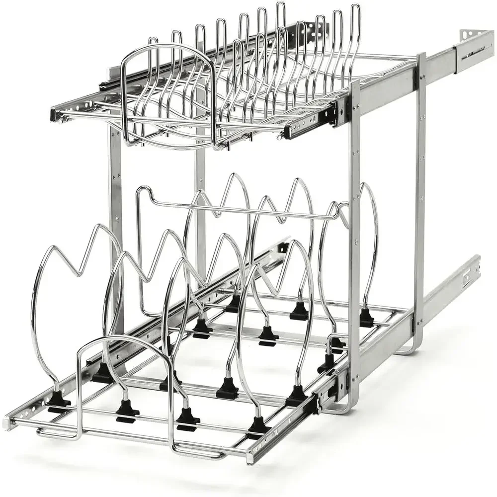 

2-Tier Pullout Kitchen Cabinet Organizer for Pots, Pans, and Lids, Adjustable Heavy Duty Chrome Wire