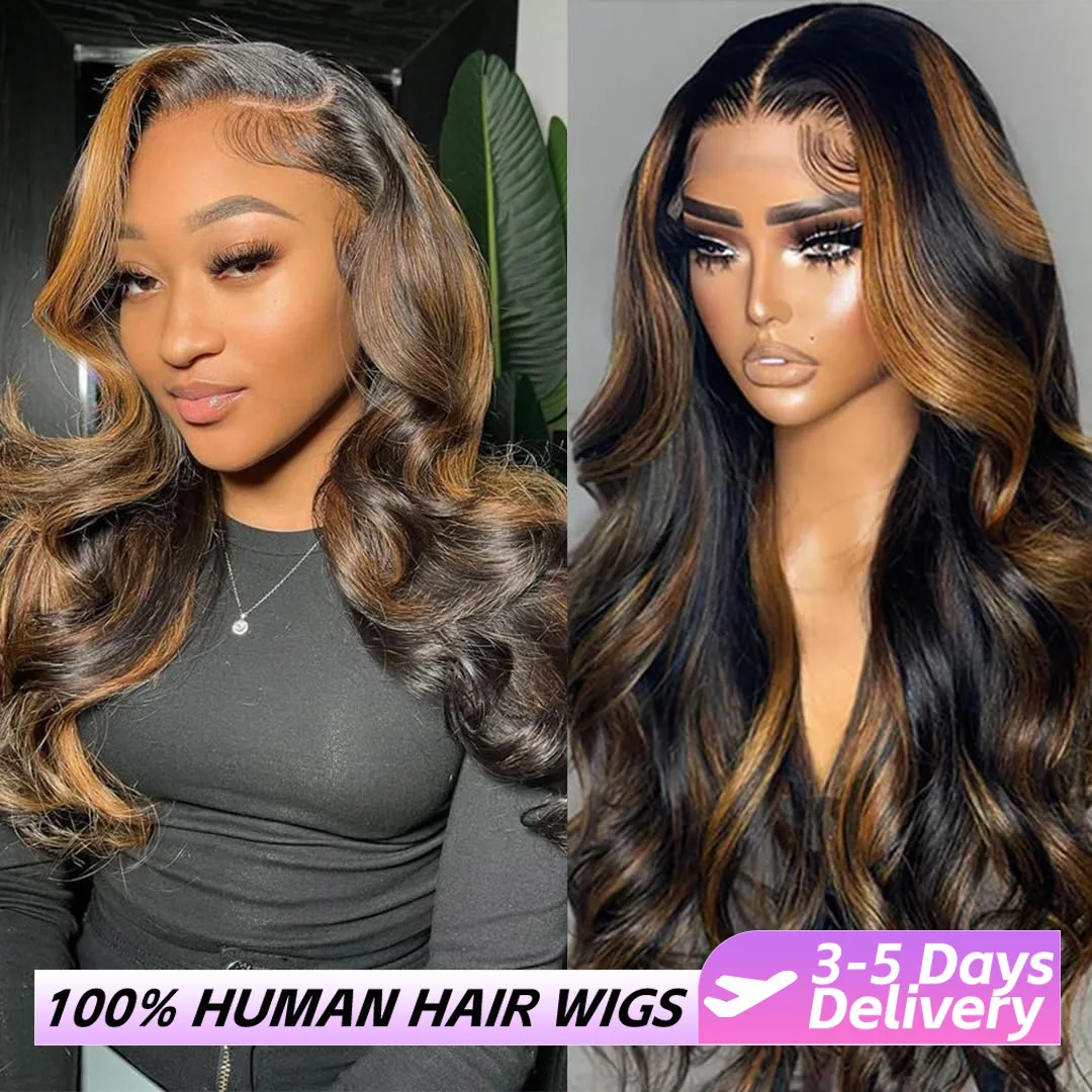 

Highlight Ombre Lace Front Wigs 13x6 HD Lace Frontal Wig 1B/30 Black Brown Color Pre Plucked Brazilian Body Wave 100% Human Hair