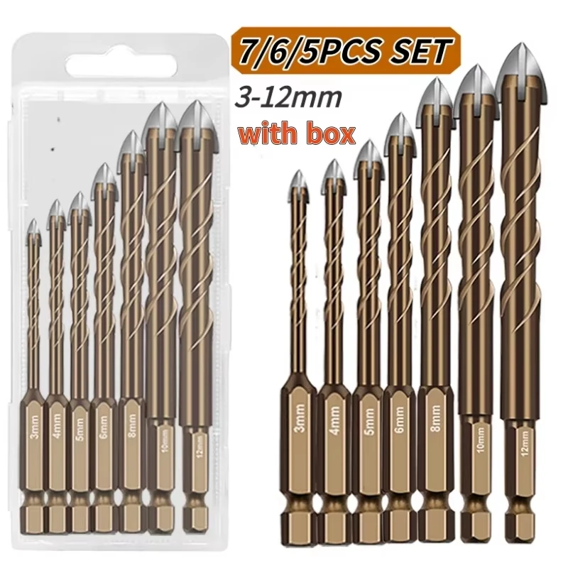 

3-12mm 7/6/5PCS Cross Hex Tile Drill Bits Set for Glass Ceramic Concrete Hole Opener Brick Hard Alloy Triangle Bit Woodworking