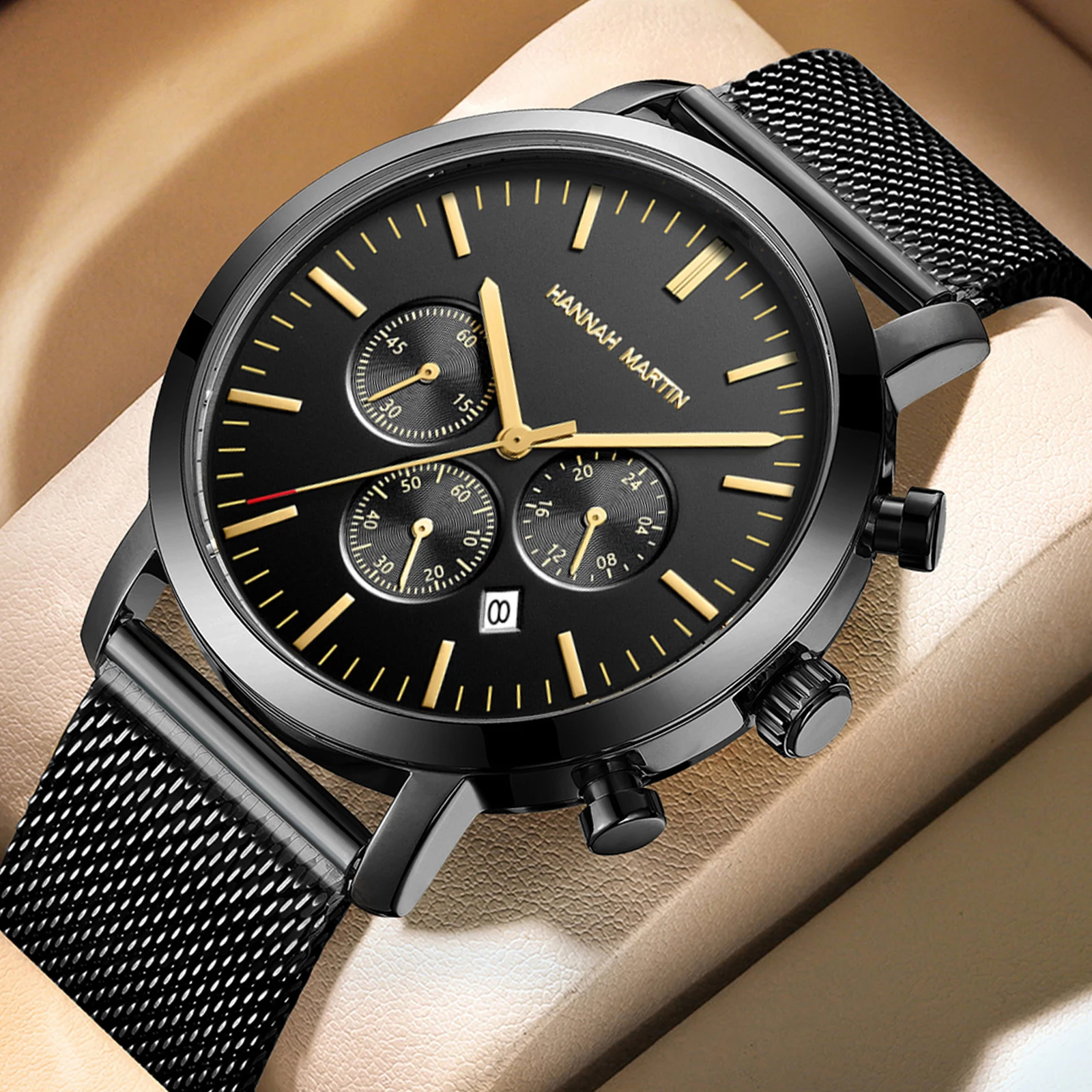 

Multifuntional Calendar Chronograph Watches Men Original High Quality Stainless Steel Gold Quartz Wristwatches 3ATM Waterproof
