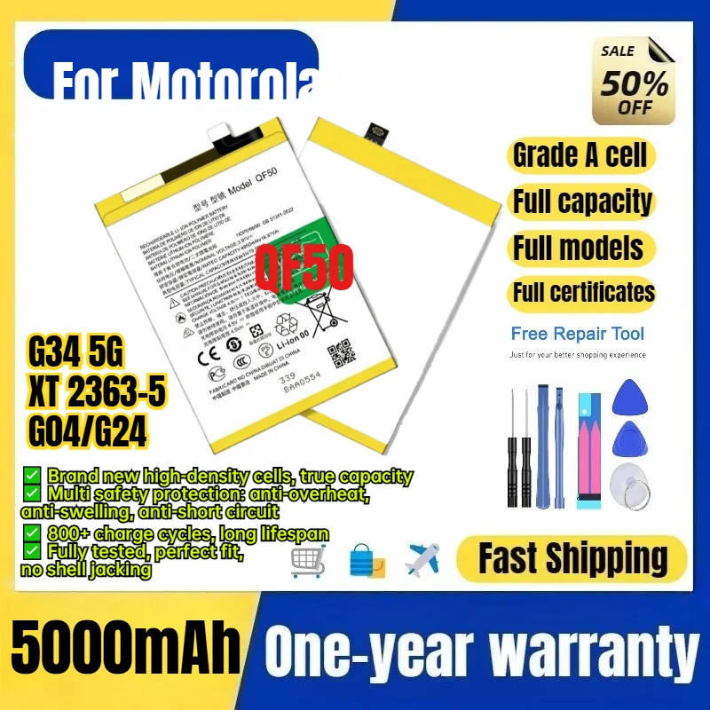 QF50 for Motorola G34 5G/XT 2363-5/G04/G24 Phone Battery 0 Cycle  High Capacity Battery Replacement Bateria Grade A Cell   Tools