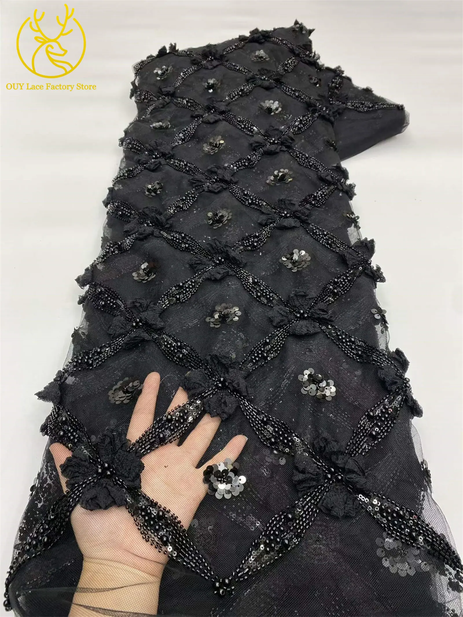 Eleganter, modischer nigerianischer 3D-Tüll-Pailletten-Spitzenstoff, hochwertiger afrikanischer Perlen-Spitzenstoff zum Nähen von Hochzeitskleidern, 5 Yards – Detail 15
