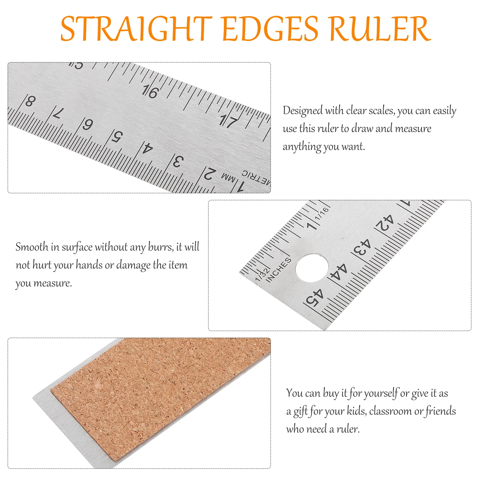 Corks Stainless Steel Ruler Engineering Straight Drawing Quilting Office Edges Back Metal