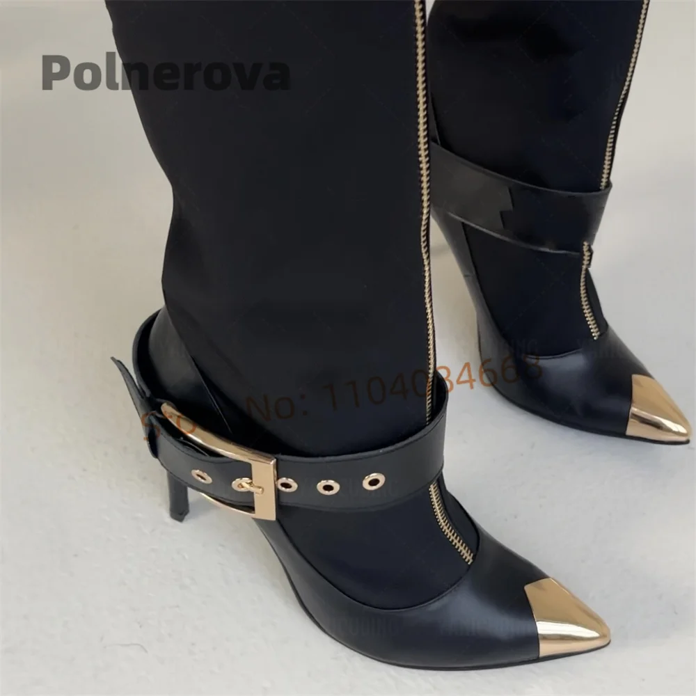 

Metal Pointed Toe Knee High Boots Women Belt Buckle Black Leather Patchwork High Heels Stiletto Front Full Length Zipper Shoes