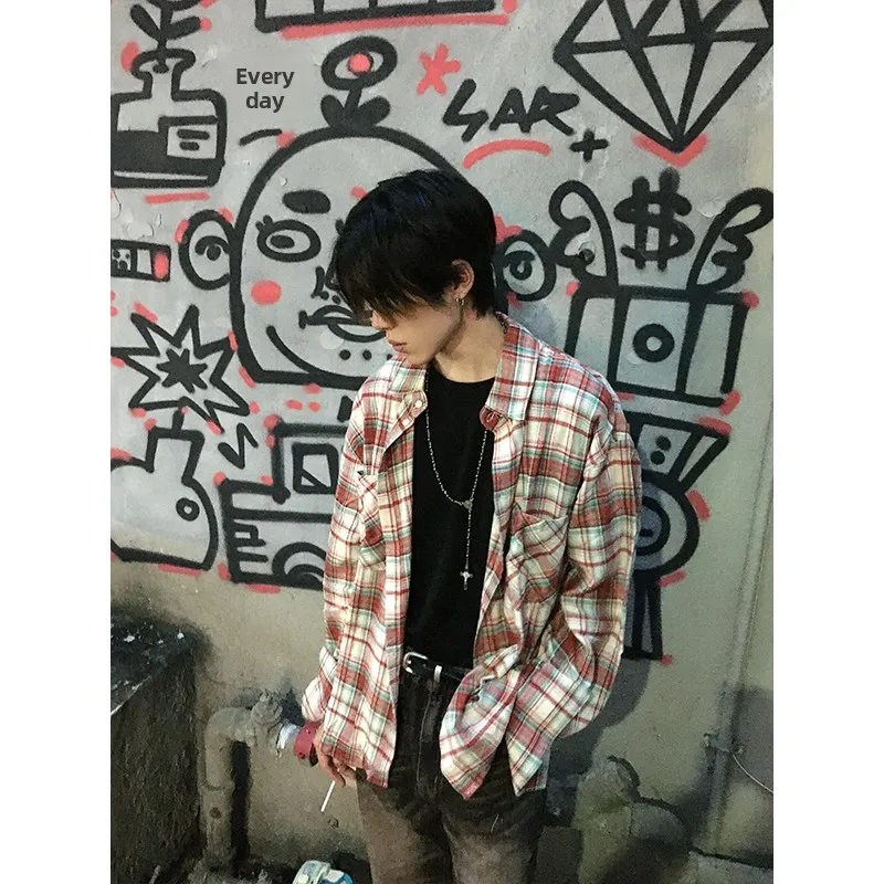 Red Plaid Long Sve Men's Casual irt Vintage American Sle Premium Feeling Cool Cheered irt Loose Fit Polyester Fiber
