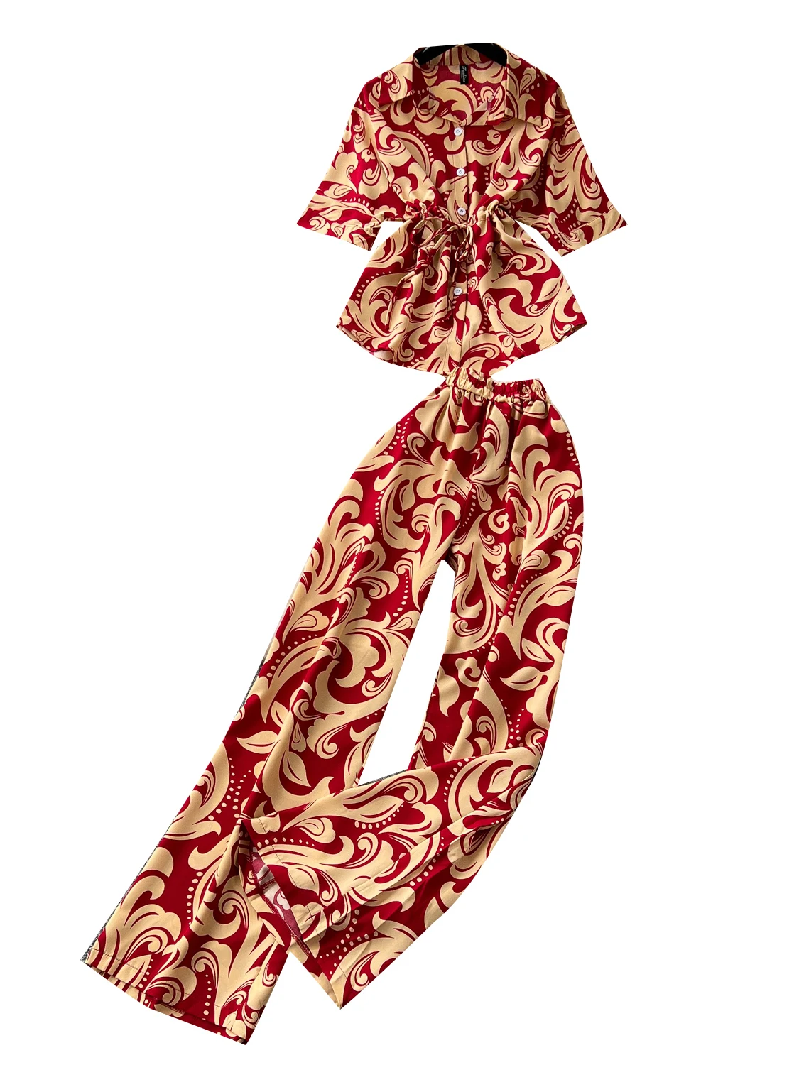 

Faionable Printed irt And High Waist Wide Leg Pants Women's Summer Design Belted Waist ort Sve Outfit Set