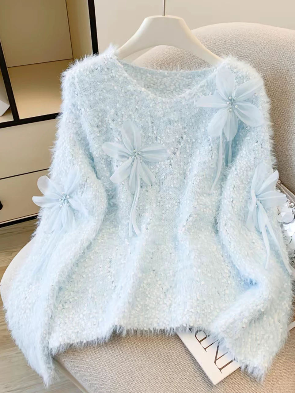 Roze gebloemde gebreide trui dames herfst winter nieuwe Sle zoete zachte veelzijdige gebreide kleding topontwerp sensatie pendelen sle...