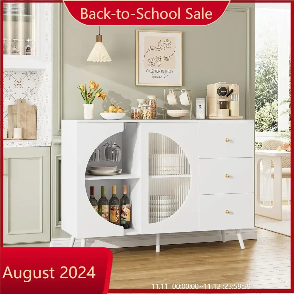 Coffee bar cabinet with fluted glass doors, contemporary buffet, chest of drawers with storage space in the living room