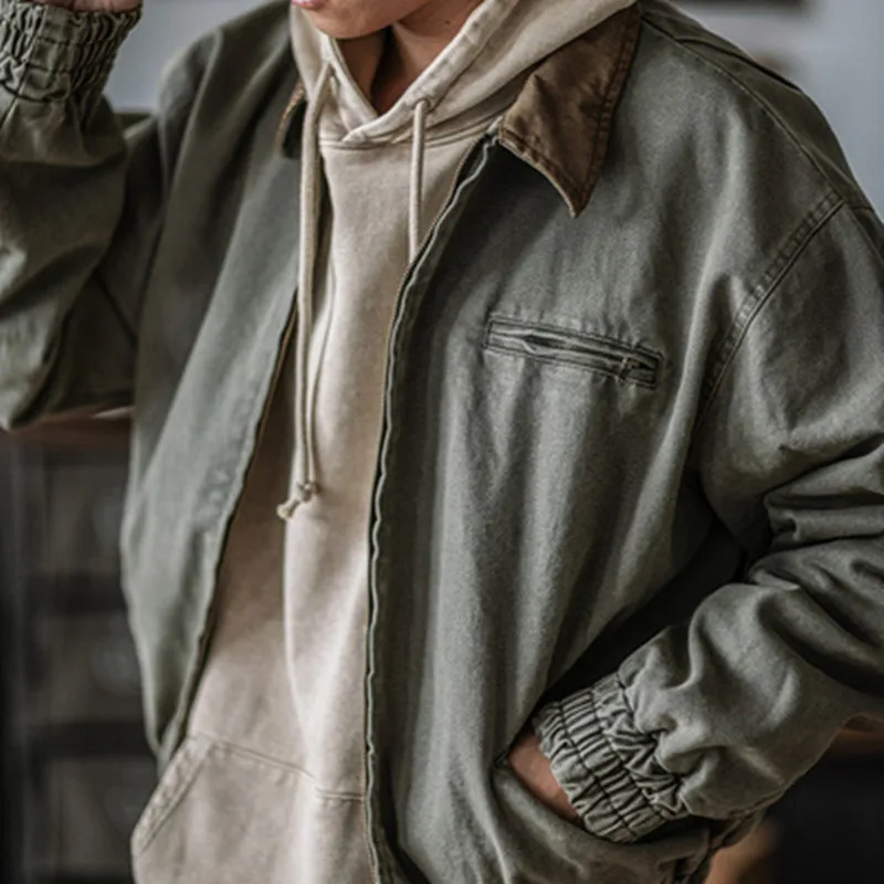 Chaqueta de vuelo corta Retro A2 para motocicleta, Jersey de bombardero suelto a prueba de viento con solapa caqui pesada, para senderismo al aire