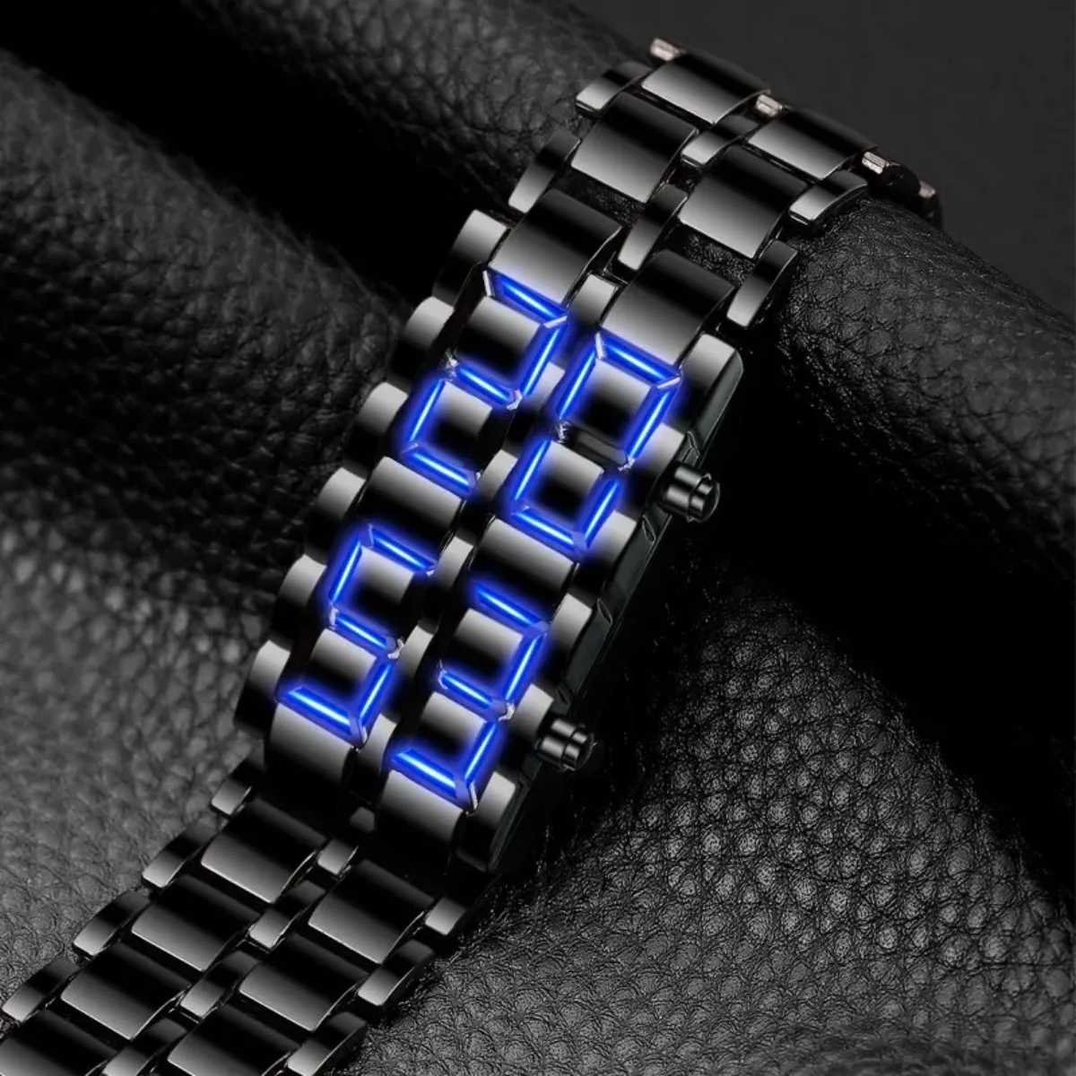 1PC Men\'s Full Metal Digital Watch Set Blue LED Display Black Necklace Watch Ideal Choice for Gifts Fashion