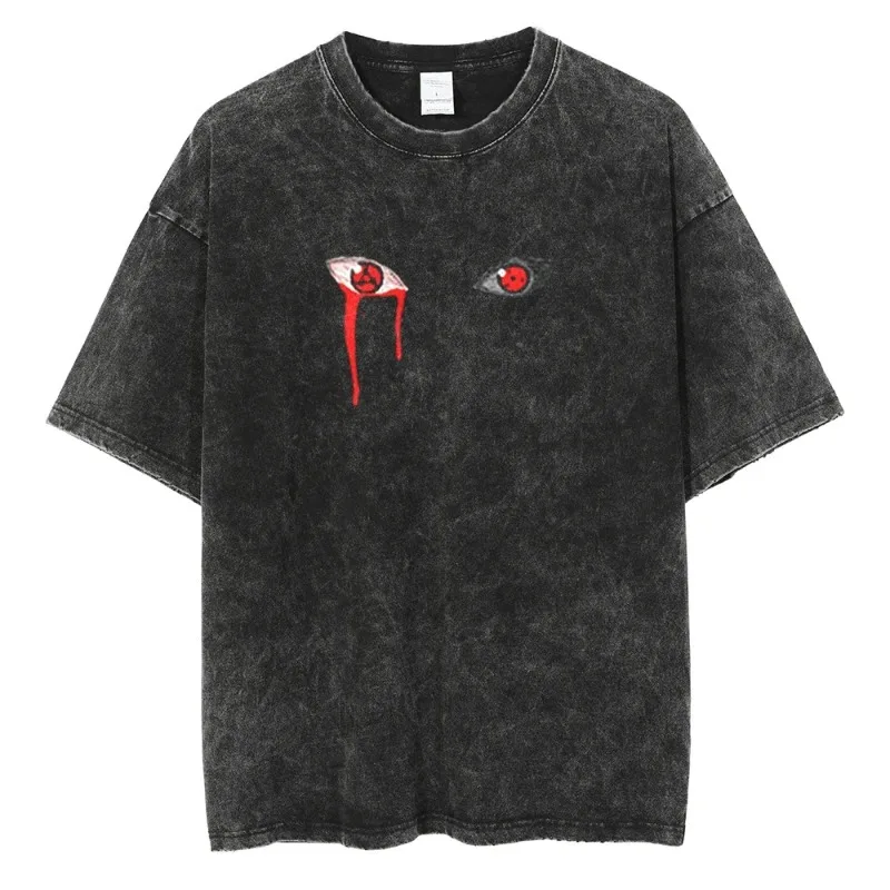 

Streetwear Washed Black T-shirt Harajuku Japanese Anime Graphic Printed T-shirt Summer Top T-shirt Y2K Hip-hop Fashion T-shirt