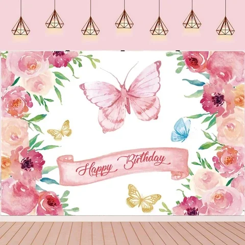 

Butterfly Pink Birthday Party Backdrops Wedding Decorations Photo Booth Background Baby Shower Girl Hanging Flag Backdrop Props