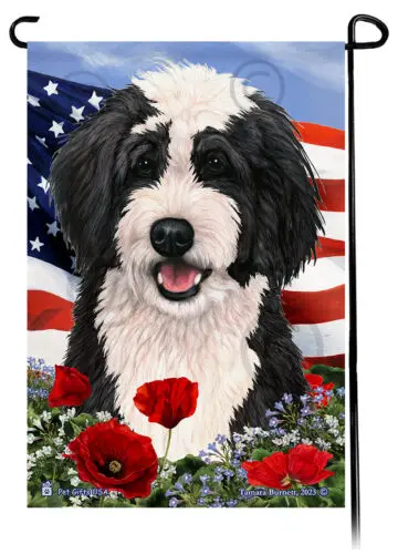 Bernedoodle Patriotic Flowers Garden Flag