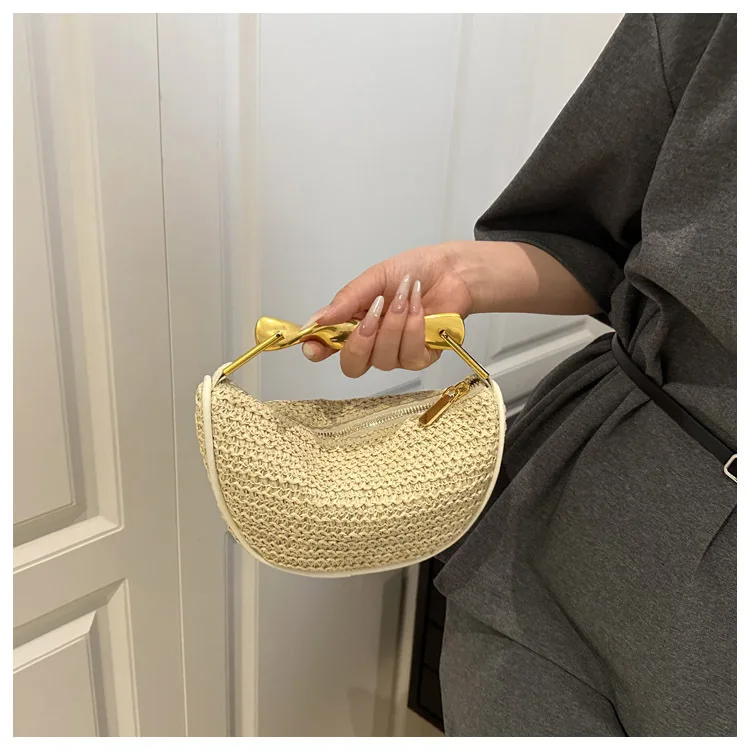 

Brand Lady Straw Bucket Bag | Woven Handbag Rattan Half-moon Beach Straw Shoulder Bag | Purse Gold Handle Casual Tote Crossbody Bag