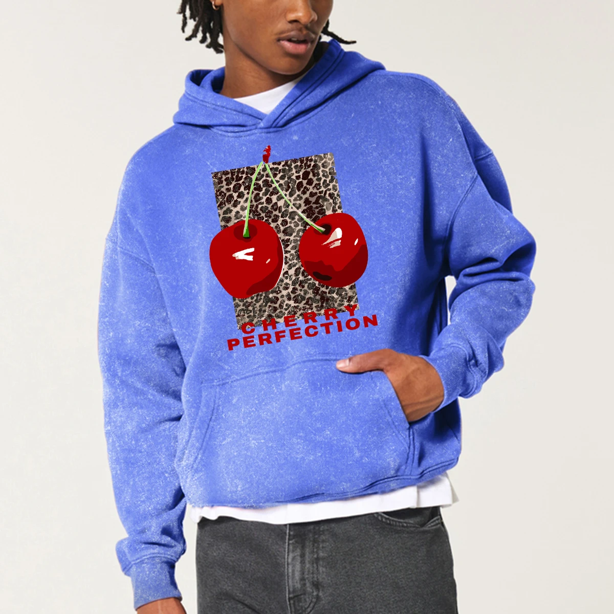 Cherry Leopard Print Hoodie Men Retro Washed Hoodies Autumn New Fashion Cotton Pullover Loose Comfort Sweatshirt Soft Tops