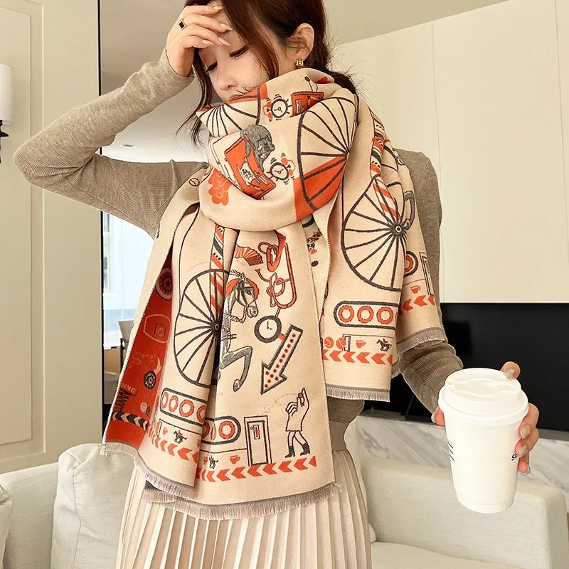 2024 Thick Knitted Scarf for Women Horse Print Design Fashion Winter Warm Cashmere Scarves Neckercheif Lady Neck Tie Bandana