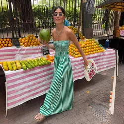 Green Striped Strapless Maxi Dress for Women Sexy Folds Sleeveless Slim Beach Dress Female Caual Dress Bohemia Outfits 2024