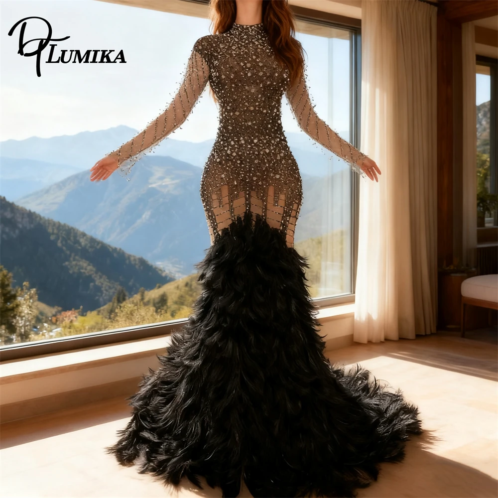 

DTLumika Luxury Feathered Prom Dress, Full Sleeves, Mermaid Long Evening Dresses, Actual Picture High End Womens Pary Gown