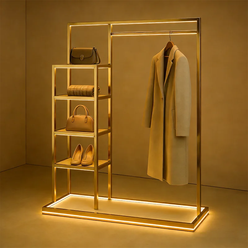 Commercial Luxury Display Garment Rack Shelf Clothing Shiny Gold Metal Boutique Clothing Display Rack for Shops