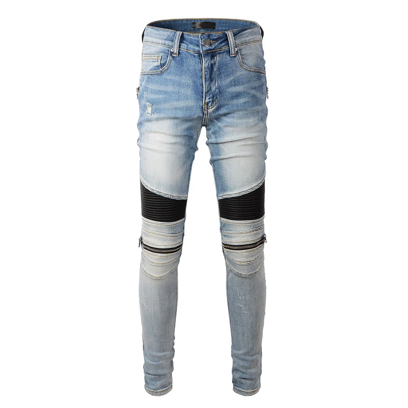 

Men's High Street Distressed Blue Leather Ribs Patchwork Skinny Stretch Bikers Ripped Jeans