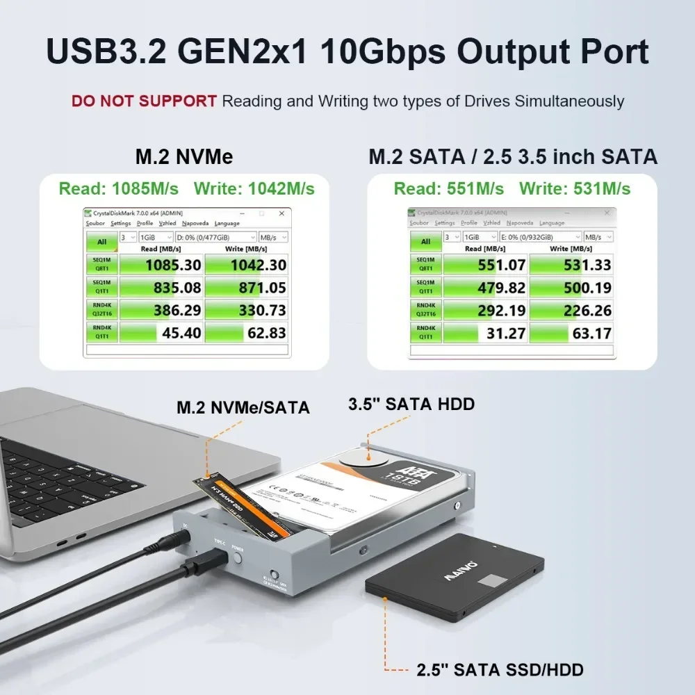 MAIWO Dual Bay M.2 SSD Enclosure 2.5/3.5 "SATA SSD/HDD Hard Drive Eksternal NVMe NGFF 10Gbps PCIe Casing USB-C Portabel Laptop PC