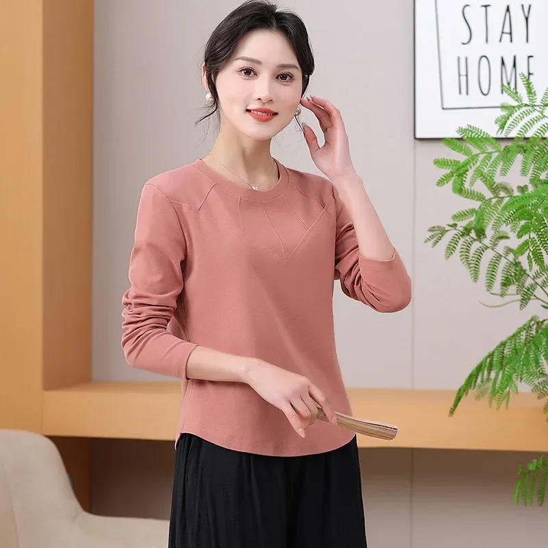 Women Round Neck Solid Long Sleeve T shirt Loose Hide Belly Casual Base Top For Middle Aged Mom Spring Autumn