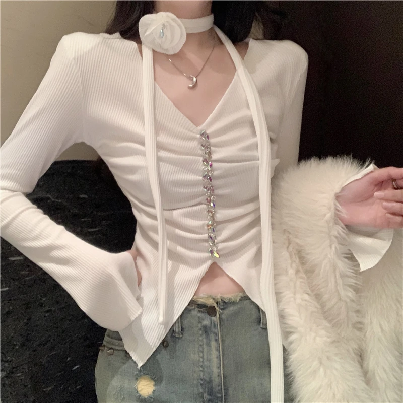 Matakawa V Neck Women Sweaters Solid Flare Sleeve Autumn Winter Short Pullovers Korean Fashion Halter Sexy Retro Pull Femme