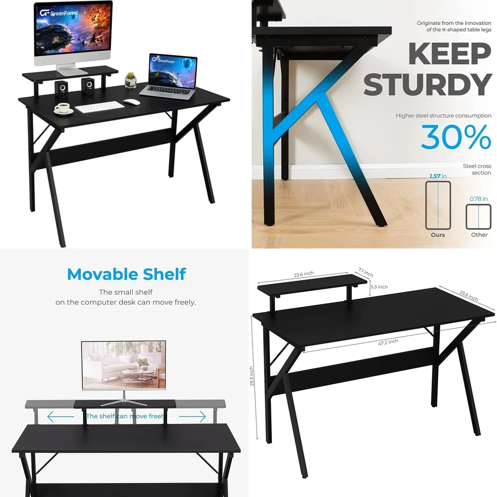 

Computer desksHome Office Desk with Monitor Stand Black Computer Gaming Table 47 inch Spacious Workstation for Study and Home